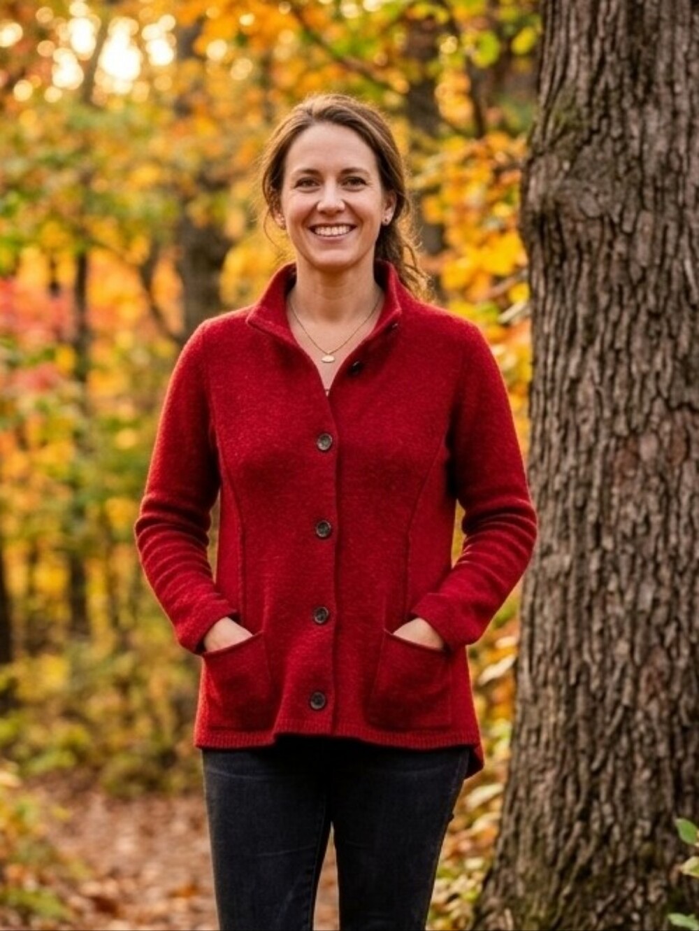 EILEEN FISHER Boiled Wool Button Front Jacket Red Petite Medium  - Flaws